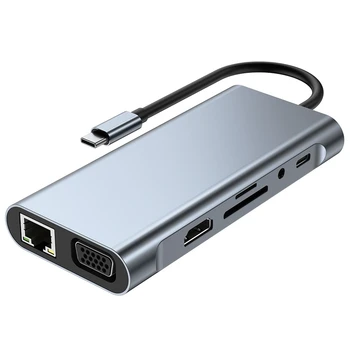 11 В 1 Зарядно устройство Type C USB Хъб 3.0 Сплитер Многопортовый Адаптер 4K-Съвместим RJ-45 SD/TF VGA PD Ethernet Порт, аудио жак Promoti