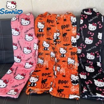 2023 Нова Пижама Sanrio Hello Kitty За Хелоуин, Фланелен Модни Панталони, Дамски Кавайные Вълнени Ежедневните Домашни Панталони С Шарени Аниме От Картун Есен