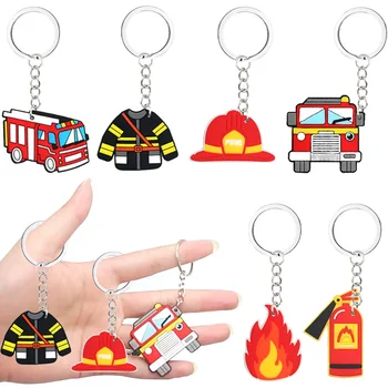 6 опаковки силиконови ключодържатели за пожарна машина, шапка за пожарогасител, Подаръци за партита, украси за рожден Ден, аксесоари