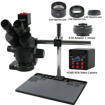 7X 45Ч Симулфокальный Тринокулярный Стереомикроскоп + Електронна цифрова Камера 1080p HDMI, VGA + Алуминиева Поставка за верстака