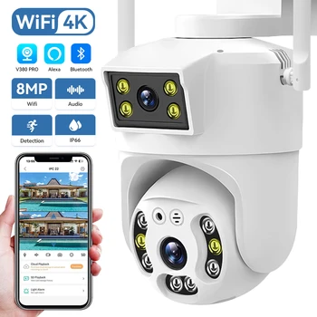 8MP 4K Двухобъективная Wifi PTZ Камера Smart Home Нощно Виждане С Двоен Екран На открито 6MP Защита на Сигурността на ВИДЕОНАБЛЮДЕНИЕ IP Камера V380 Pro APP