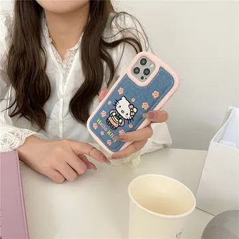Cartoony Sanrio Hello Kitty Калъф За Телефон iPhone 14 13 12 11 Pro Max Mini Xs Xr X 8 7 Plus С Аниме Бродерия Силикон Мек Калъф