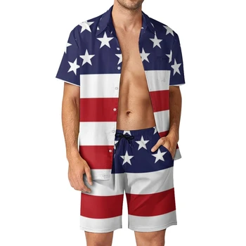 Американският Флаг на САЩ, Комплекти Тениски С 3D Принтом, Мъжки Ежедневни Модерен Ризи С Къси Ръкави, Извънгабаритни Плажни Шорти, Хавайски Блузи, Костюми, Облекло