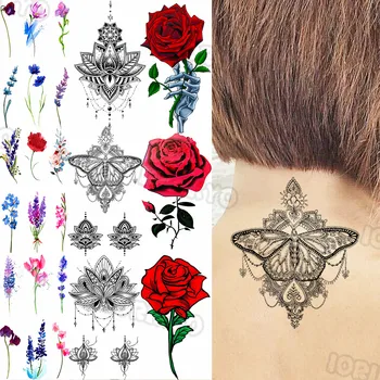 Временни татуировки с окачване от къна за жени, Акварел роза, Цветя, лавандула, фалшива татуировка, татуировка на гърба татуировка в племенно стил