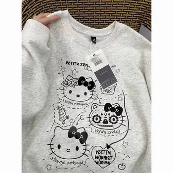 Детска есенно-зимни дрехи с анимационни принтом Sanrio Hello Kitty, свободен и топъл пуловер от чист памук, подаръци за деца