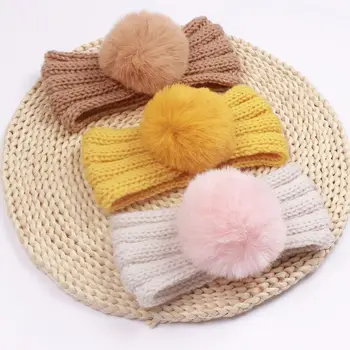 Детски шапки с лък, Плюшено топка, Многоцветен зимна шапка, набор от гумени ленти за коса, детска вязаная капачка, капор, шапки за деца, шапка