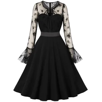 Жена готик секси рокля midi голям размер на Хелоуин, есен елегантна вечерна рокля в стил мозайка от черна мрежа с прозрачни изгорени ръкави и драпировкой