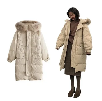 Жена пуховое палто за бременни с изолирани пух, зимно пуховое палто, топло ветрозащитная однотонная яке с качулка, отороченным кожа