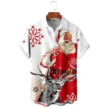 Коледна тениска за мъже с 3D принтом Дядо Коледа, блузи с къс ръкав, Модни хавайски ризи, свободна мъжки дрехи големи размери, мъжка риза