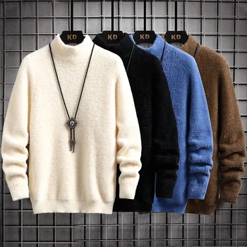 Мъжки пуловер 2024, Зимни норковые кашмир, пуловери, случайни леко топла жилетка с кръгло деколте, есенни мохеровые блузи, пуловери тянущиеся