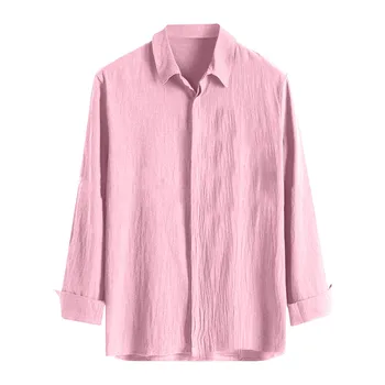 Мъжки ризи Лято на мъжко бельо риза с дълъг ръкав Ежедневни Свободна мешковатая однотонная дишаща блуза с ревера на копчета
