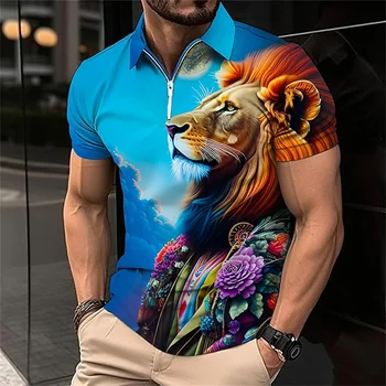 Мъжките поло с цип с образа на животното лъв, поло блузи с ревери в кавказскую ивица, мъжка риза за голф с 3D графика, с къс ръкав, Мъжки дрехи с цип, потници, тениски