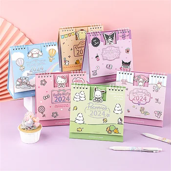 Настолен Календар в 2024 година Sanrio Hello Kitty My Melody Kuromi Cinnamoroll С Помпоном Purin Pochacco Coil Седмичен Календар за Планиране на Бижута
