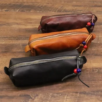 Нова чанта за химикалки от телешка кожа растително дъбени с горния слой, голям чанта за съхранение за мъже и жени, универсална чанта за очила