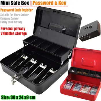 Размер XL: 30x24 см Метален мини-сейф с ключ за съхранение на пари, монети, касиер, 2-слойный сгъваем касов апарат с парола, за съхранение на бижута, банкови карти.