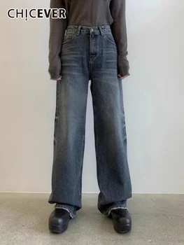 Шик Минималистичные Свободни дънкови панталони за жени с висока талия, джобове в стил мозайка, Корейски ежедневни Реколта прави панталони, Новост за жени